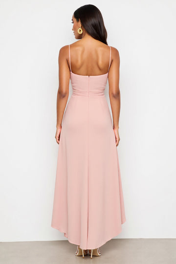 Ruched Blush Spaghetti Straps Sheath High Low Work Dress